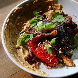 Farow - Fried eggplant and jimmy nardellos with israeli aioli, and dukkah