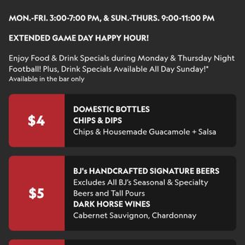 BJ's Restaurant & Brewhouse - The happy hour menu that is not valid even though it's still on the Cypress location menu page. - New American Near Me - Cypress, Texas