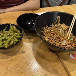 Noodle House - Chicken noodles (chicken chow mein) and chili garlic edamame
