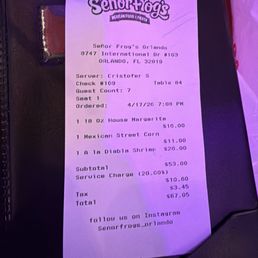 Receipt with 20% service fee