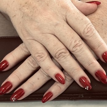 Royal Nails - Oval Gel Set painted #522 Persimmon with 3 Jewel Crystals on each Ring finger by JASMINE. Stunning nails resulting in happy client! - Nail Salons Near Me - Modesto, California Royal Nails - Oval Gel Set painted #522 Persimmon with 3 Jewel Crystals on each Ring finger by JASMINE. Stunning nails resulting in happy client! - Nail Salons Near Me - Modesto, California