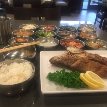 Tofu Plus - Jogi Gui (yellow Korbina) fish  accompany with many cold side dishes. - Korean Near Me - Cupertino, California