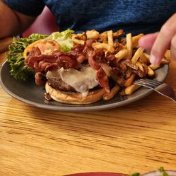CP burger with bacon and fries CP burger with bacon and fries