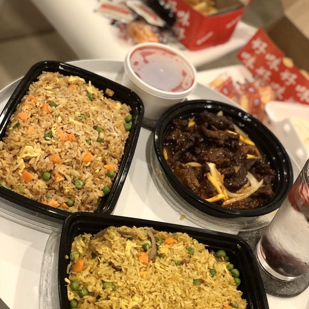 Crispy beef, pork fried rice, curry beef fried rice