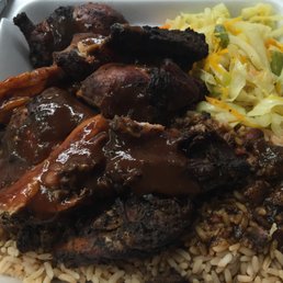 Jerk Chicken with Rice & Peas and Cabbage