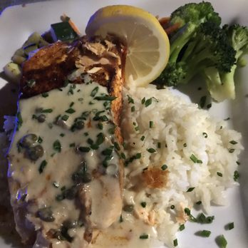 Luke's On Front - Salmon entree and calamari appetizer. - New American Near Me - Temecula, California Luke's On Front - Salmon entree and calamari appetizer. - New American Near Me - Temecula, California