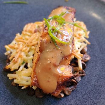 City Perch Kitchen + Bar - Sesame Miso Salmon (sesame miso glaze, ginger wild mushroom, crispy shredded potato cake, with scallion-wasabi vinaigrette). - Cocktail Bars Near Me - Fort Lee, New Jersey City Perch Kitchen + Bar - Sesame Miso Salmon (sesame miso glaze, ginger wild mushroom, crispy shredded potato cake, with scallion-wasabi vinaigrette). - Cocktail Bars Near Me - Fort Lee, New Jersey