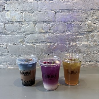 AlimamaTea - L to R: royal milk tea w/ mini boba, lychee rose, ginger lemon honey green tea - Desserts Near Me - New York, New York