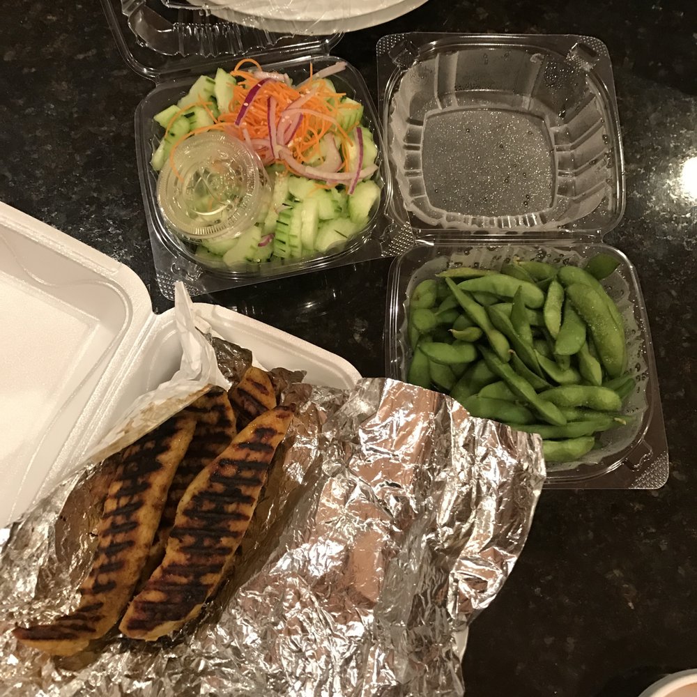 Hot Woks Cool Sushi - Chicken satay, edaname and the cucumber salad - Sushi Bars Near Me - Chicago, Illinois Hot Woks Cool Sushi - Chicken satay, edaname and the cucumber salad - Sushi Bars Near Me - Chicago, Illinois