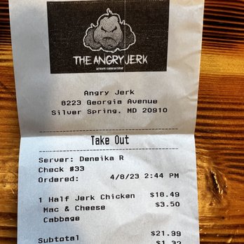 The Angry Jerk - Receipt - Caribbean Near Me - Silver Spring, Maryland The Angry Jerk - Receipt - Caribbean Near Me - Silver Spring, Maryland