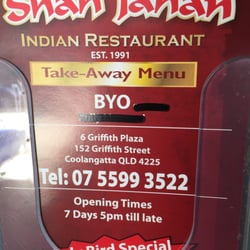 Shah-Jahan Indian Restaurant - front of menu