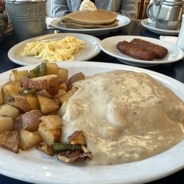 Biscuits and gravy, eggs, sausage, short stack pancakes