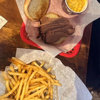 Smokin' Yards BBQ - Sliced Brisket Sandwich with Mac and Cheese, Mashed Potatoes and fries - Barbeque Near Me - Denver, Colorado
