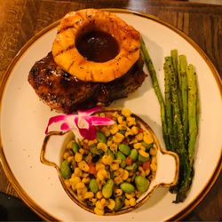 The Porch Restaurant - Pork chops with asparagus and corn succotash-delicious!