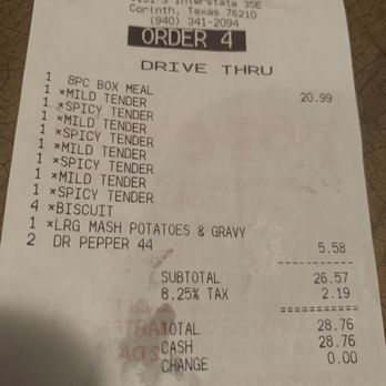 Popeyes Louisiana Kitchen - Prices, food received, receipt - Fast Food Near Me - Corinth, Texas