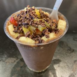 Chocolate protein bomb...lots of fresh sweet fruit Chocolate protein bomb...lots of fresh sweet fruit