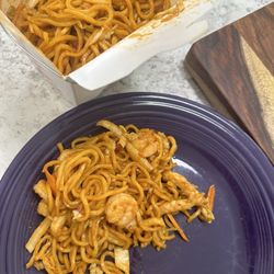 China City - Szechuan lo mein  Similar to their regular lo mein with shrimp and chicken tossed in a sauce.