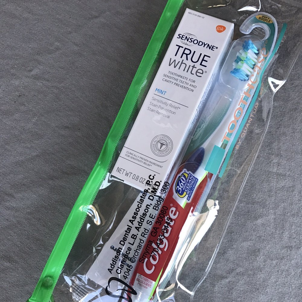 Clarence Addison, DMD - Nifty travel pouch you receive after a cleaning. Contents include: toothpaste, toothbrush, dental floss and youngest cleaner. - General Dentistry Near Me - Smyrna, Georgia
