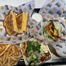 Habit Burger & Grill - Grilled Cheese, Side Salad, fries and Charburger with Cheese