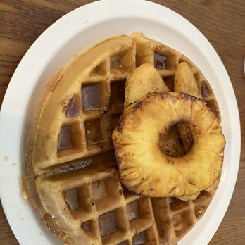 Eggs 'n Things - Chicken and Pineapple Honey Chicken & Waffles (I moved the pineapple on time for a better look) - Breakfast & Brunch Near Me - Honolulu, Hawaii Eggs 'n Things - Chicken and Pineapple Honey Chicken & Waffles (I moved the pineapple on time for a better look) - Breakfast & Brunch Near Me - Honolulu, Hawaii