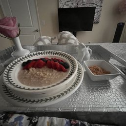 Amazing oatmeal, fruit, brown sugar and almond milk in the cow:) Amazing oatmeal, fruit, brown sugar and almond milk in the cow:)