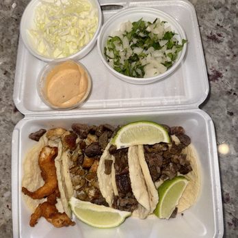 Abuela's Tacos - A shrimp taco, chicken taco, & 2 carne asada tacos. - Mexican Near Me - Las Vegas, Nevada
