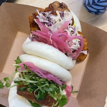 Madbun - Crispy pork belly (bottom); Thai chicken (top) - Asian Fusion Near Me - Rancho Cucamonga, California