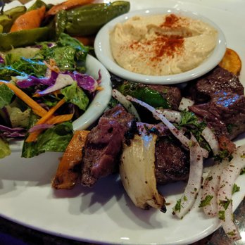 La Pita - Generous lunch portion of fresh, medium rare shish kebab. Served with hummus, salad, and an abundance of grilled veggies. - Middle Eastern Near Me - Dearborn, Michigan