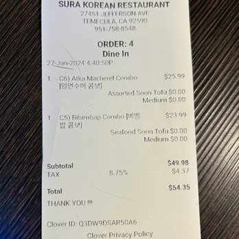 Sura Korean Restaurant - Bill - Korean Near Me - Temecula, California