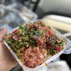 Kawamata Seafood - Large, ahi tuna/salmon, original blend and spicy mayo with spicy tuna and furikaki topping.