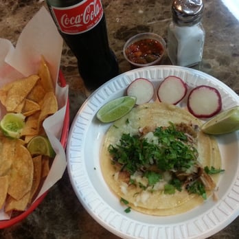Mercado del Sol - habanero salsa with my chips, taco, and bottled of Coke - Mexican Near Me - Concord, California