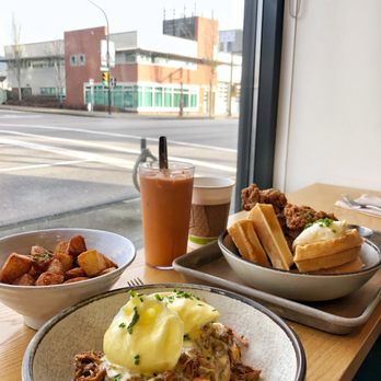 The Gray Olive Cafeteria - thai iced tea & chicken and waffles & a pulled pork feature - Breakfast & Brunch Near Me - Burnaby, British Columbia