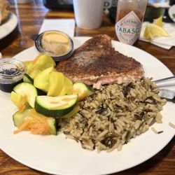 Brewster Street Ice House - Blackened Salmon with dirty rice and fresh vegetables