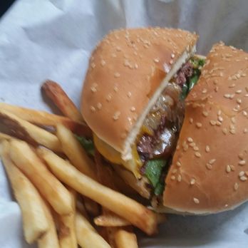 Old Town Grill - Elk Burger with half order of fries. - American Near Me - Placerville, California