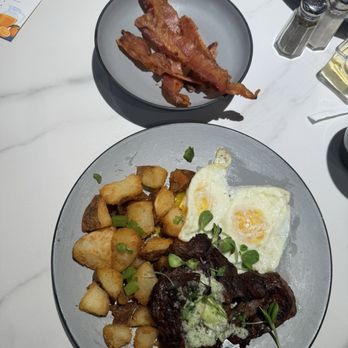 Early Bird Cafe - Steak and Eggs with a side of Maple Bacon - Breakfast & Brunch Near Me - Richmond, Texas