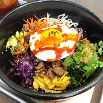 Bopbox - Mom's Medley (Stone Pot) w/ Grilled Bulgogi Steak over Short Grain Black Rice - Asian Fusion Near Me - Seattle, Washington