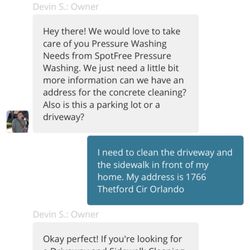 Spot Free Pressure Wash - Communication with company and confirmation of appointment.
