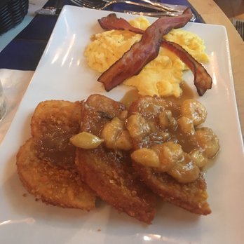 Cappy's Restaurant - Saturday brunch special 7/8/17: cornflake crusted bananas foster French toast, scrambled eggs and bacon - New American Near Me - San Antonio, Texas