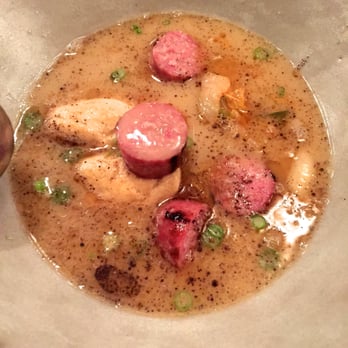 The Progress - 'Treasure chest' of fermented sausage, trout quenelles, pumpkin-rice dumpling in pork broth - New American Near Me - San Francisco, California The Progress - 'Treasure chest' of fermented sausage, trout quenelles, pumpkin-rice dumpling in pork broth - New American Near Me - San Francisco, California
