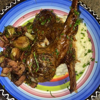 Bigkiakitchen - Balsamic pan seared lamb chops and bacon sauté Brussel sprouts and garlic mashed potatoes - Personal Chefs Near Me Bigkiakitchen - Balsamic pan seared lamb chops and bacon sauté Brussel sprouts and garlic mashed potatoes - Personal Chefs Near Me