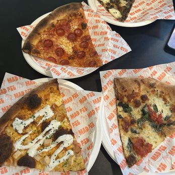 Mad Pie - From the top, Fungo, Pepperoni Bottom left: Buffalo Chicken Ranch Bottom right: Tomato, Spinach and Cheese - Pizza Near Me - Honolulu, Hawaii