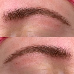 Shaped Brow and Beauty - Right after microblading. Brushed her hair up to see the fluffiness.