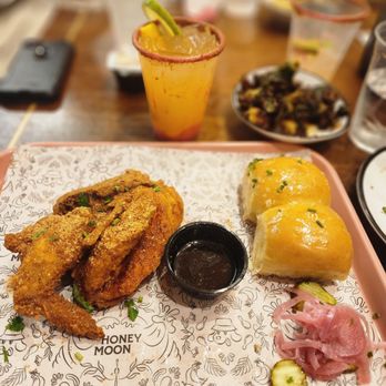 Honeymoon Chicken - Two-piece chicken, two rolls, hot honey margarita, Brussels sprouts - Chicken Shop Near Me - Washington, DC, District of Columbia Honeymoon Chicken - Two-piece chicken, two rolls, hot honey margarita, Brussels sprouts - Chicken Shop Near Me - Washington, DC, District of Columbia