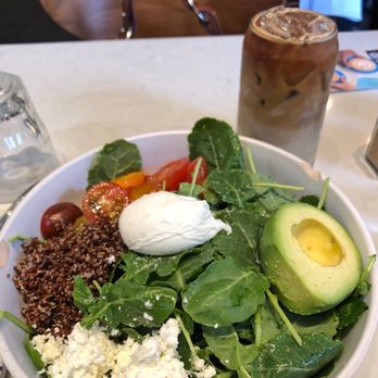 Bluestone Lane Upper West Side Café - Disgusting Breakfast All Day Bowl (D) that made me throw up & stale oat milk Latte - Coffee & Tea Near Me - New York, New York