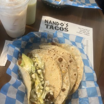 Nando’s Tacos - Horchata, beef fajita taco on corn, Bean & Cheese on Flour, egg, potatoes & bacon on Flour - Tacos Near Me - Humble, Texas