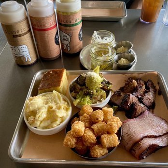Easy ‘Que - 2 Meat Plate - Kalbi Brisket and regular brisket. Sides: tator tots, Mac and cheese, corn bread, Brussels sprouts. - Barbeque Near Me - Kailua, Hawaii