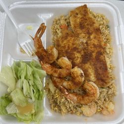 Grilled shrimp & flounder with fried rice.