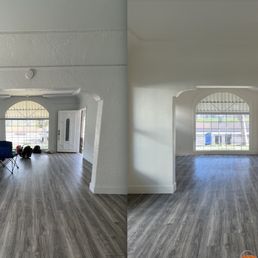 Left is before picture showing the deep textured walls. Right is after skim coat process, prime and paint. So smooth! Left is before picture showing the deep textured walls. Right is after skim coat process, prime and paint. So smooth!