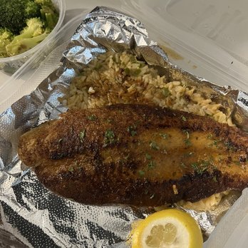 Doc Crow's Social - Blackened catfish / rice / garlic broccoli (takeout) - Comfort Food Near Me - Lexington, Kentucky