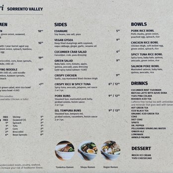 HiroNori - Menu sheet - Ramen Near Me - San Diego, California